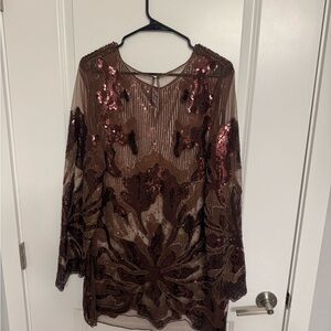 Brown Sequin Long Sleeve Cocktail Dress